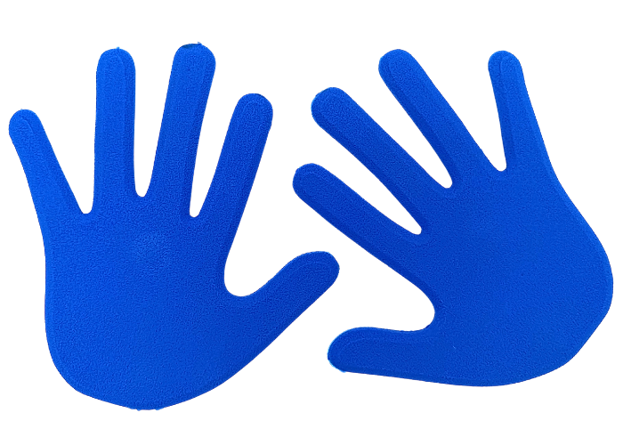 Sæt bestående af en venstre- og en højre hånd.
Markeringshænder i skridsikkert gummi, hænderne har nubret bagside som sikrer, at de ligger fast på gulv eller redskab.
Blå markeringshænder er velegnet til indlæring af korrekt håndstilling i forskelli