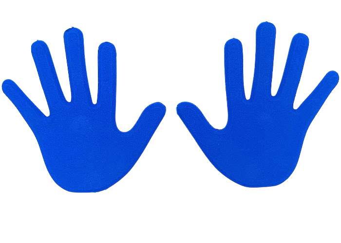 Sæt bestående af en venstre- og en højre hånd.
Markeringshænder i skridsikkert gummi, hænderne har nubret bagside som sikrer, at de ligger fast på gulv eller redskab.
Blå markeringshænder er velegnet til indlæring af korrekt håndstilling i forskelli