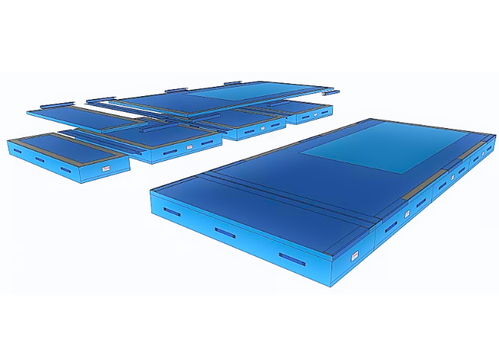 TEAMGYM Landingsmåtte består af følgende:
3 stk. nedspringsmåtter B200xL300 cm
1 stk. nedspringsmåtte B100xL300 cm
1 stk. Overlægsmåtte B300x600 cm
1 stk. overlægsmåtte B300x100 cm
1 stk. crashmåtte B300x400 cm
Overlægsmåtte og crachmåtte er marke