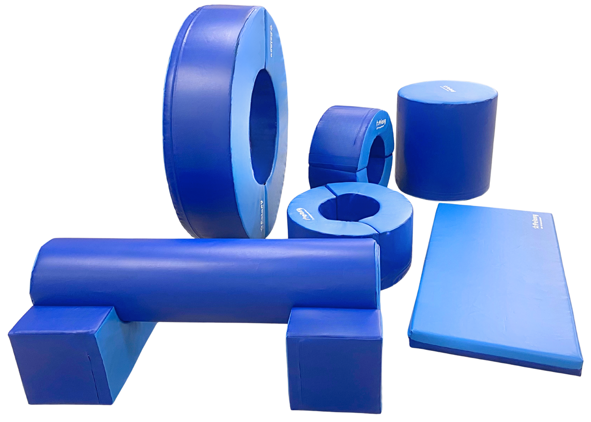 Modul 8. Består af 9 forskellige moduler.
1 lille cylinder
2 firkanter, hvor den lille cylinderen passer i.
1 stor cylinder
1 stor cirkel der kan deles
2 små cirkler
1 måtte

Sæt det sammen lige som du har lyst, det er kun fantasien der sætter grænse