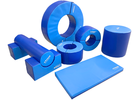 Modul 8. Består af 9 forskellige moduler.
1 lille cylinder
2 firkanter, hvor den lille cylinderen passer i.
1 stor cylinder
1 stor cirkel der kan deles
2 små cirkler
1 måtte

Sæt det sammen lige som du har lyst, det er kun fantasien der sætter grænse